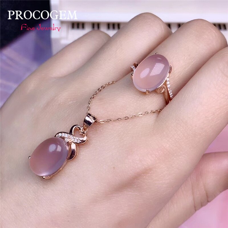 Natural Pink Crystal Rose Quartz Trendy Jewelry Sets For Women 10x14mm Big Genuine Gems Necklace Ring